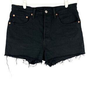 Levis 501 Women's Stretch Raw Hem Black Denim Shorts Size 30 Mid Rise Fly Button